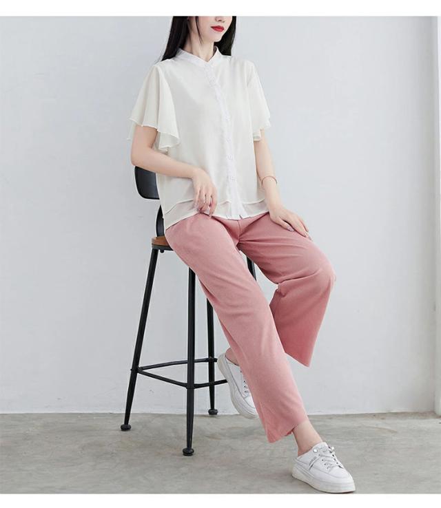 レディース トップス ブラウス ラッフルスリーブ フリル袖 シフォン スタンドカラー 透け感 薄手 シャツ 涼しい 可愛い きれいめ 仕事 通勤ビジネス おしゃれ シンプル ゆったり 体型カバー 半袖 半そで 丸首 春 夏 大人_11