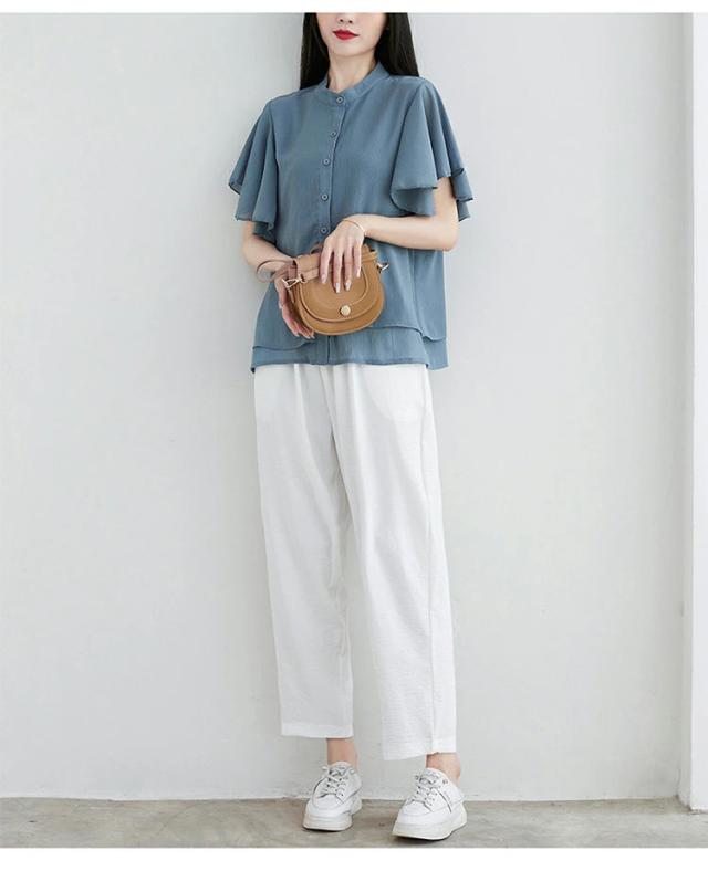 レディース トップス ブラウス ラッフルスリーブ フリル袖 シフォン スタンドカラー 透け感 薄手 シャツ 涼しい 可愛い きれいめ 仕事 通勤ビジネス おしゃれ シンプル ゆったり 体型カバー 半袖 半そで 丸首 春 夏 大人_14