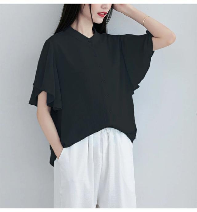 レディース トップス ブラウス ラッフルスリーブ フリル袖 シフォン スタンドカラー 透け感 薄手 シャツ 涼しい 可愛い きれいめ 仕事 通勤ビジネス おしゃれ シンプル ゆったり 体型カバー 半袖 半そで 丸首 春 夏 大人_8