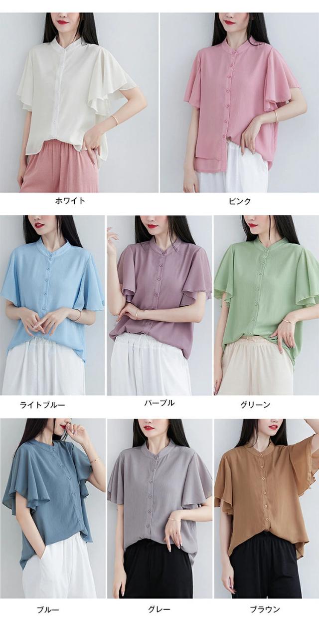 レディース トップス ブラウス ラッフルスリーブ フリル袖 シフォン スタンドカラー 透け感 薄手 シャツ 涼しい 可愛い きれいめ 仕事 通勤ビジネス おしゃれ シンプル ゆったり 体型カバー 半袖 半そで 丸首 春 夏 大人_9