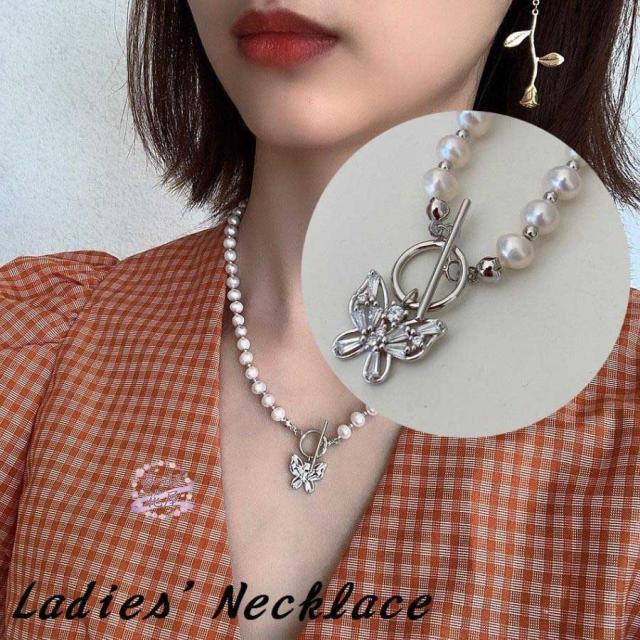 ネックレス ペンダント レディース アクセサリー ボールチェーン リング スティック シルバー925 フェイクパール バタフライ 蝶 可愛い かわいい