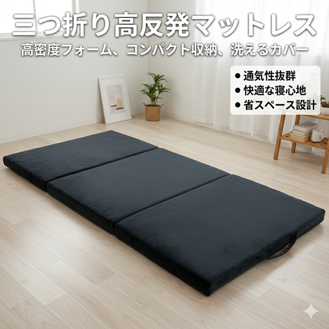 マットレス 高反発 三つ折り セミダブル 120×200cm 10cm 190N 30D 折りたたみマットレス 高反発ウレタン 両面 凹凸 プロファイル 体圧分散 洗えるカバー 通気性 軽量 持ち手付き 敷布団 ベッドマット