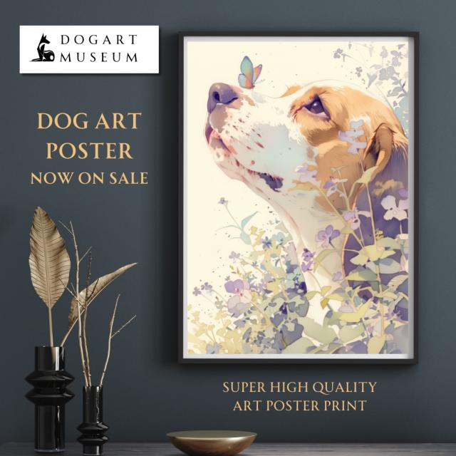 【蝶犬戯舞 - ビーグル犬の子犬 No.1】春・蝶・子犬・アートポスター・犬の絵・犬の絵画・犬のイラスト_1