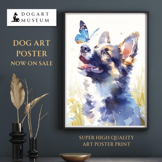 【蝶犬戯舞 - ジャーマンシェパード犬の子犬 No.1】春・蝶・子犬・アートポスター・犬の絵・犬の絵画・犬のイラスト_1