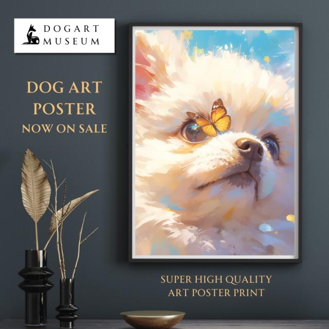 【蝶犬戯舞 - ポメラニアン犬の子犬 No.2】春・蝶・子犬・アートポスター・犬の絵・犬の絵画・犬のイラスト_1