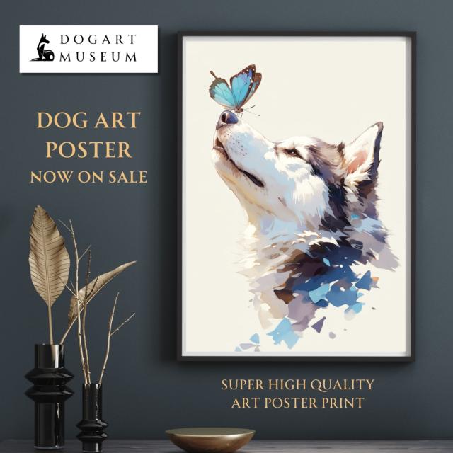 【蝶犬戯舞 - シベリアンハスキー犬の子犬 No.1】春・蝶・子犬・アートポスター・犬の絵・犬の絵画・犬のイラスト_1