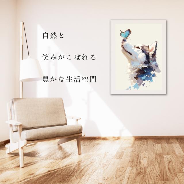 【蝶犬戯舞 - シベリアンハスキー犬の子犬 No.1】春・蝶・子犬・アートポスター・犬の絵・犬の絵画・犬のイラスト_4
