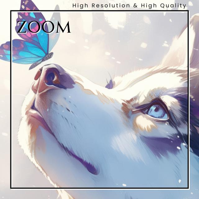 【蝶犬戯舞 - シベリアンハスキー犬の子犬 No.3】春・蝶・子犬・アートポスター・犬の絵・犬の絵画・犬のイラスト