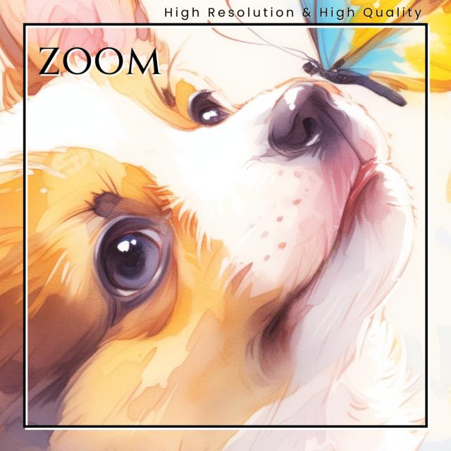 【蝶犬戯舞 - ウェルシュ・コーギー犬の子犬 No.3】春・蝶・子犬・アートポスター・犬の絵・犬の絵画・犬のイラスト
