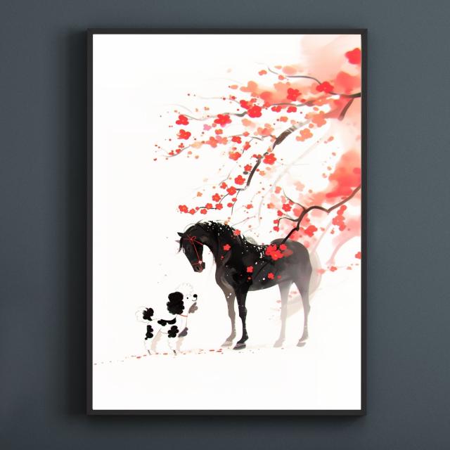 【福寿（2026年） - プードル・トイプードル犬 No.6】午年・馬・謹賀新年・賀正・新春・迎春・子犬・ペットロス・うちの子・記念日・アートポスター・犬の絵・犬のイラスト・ギフト・プレゼント