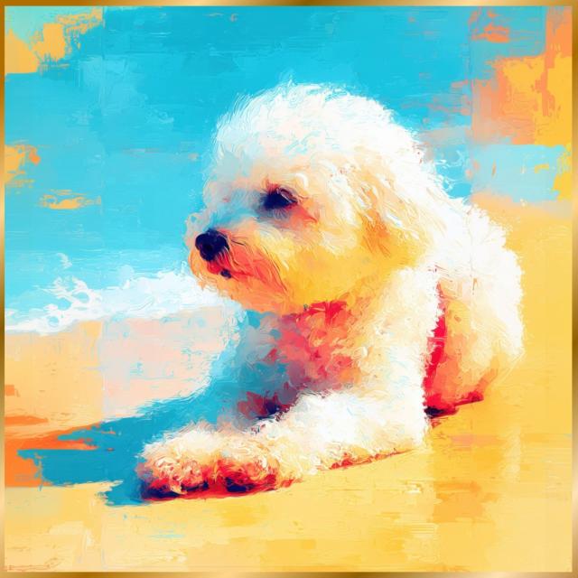 【ビションフリーゼ犬とビーチのスケッチ No.2】海・浜辺・犬の絵・犬のイラスト・おしゃれ・ミニマリスト・ミニマリズム・シンプル・インテリアアート・ペットロス・うちの子・記念日・アートポスター・ギフト・プレゼント