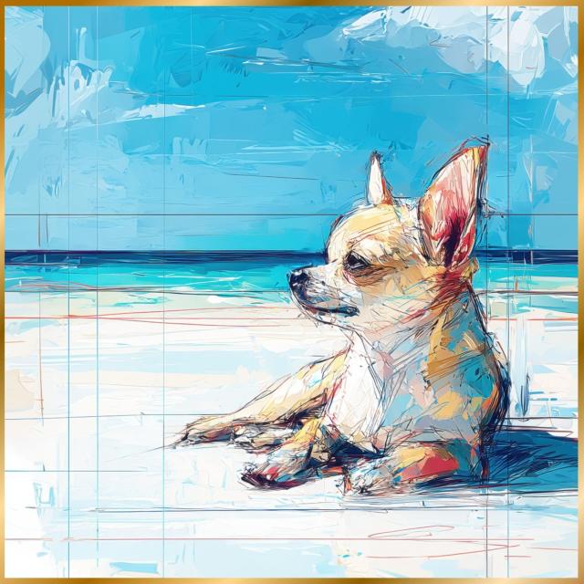 【チワワ犬とビーチのスケッチ No.1】海・浜辺・犬の絵・犬のイラスト・おしゃれ・ミニマリスト・ミニマリズム・シンプル・インテリアアート・ペットロス・うちの子・記念日・アートポスター・ギフト・プレゼント