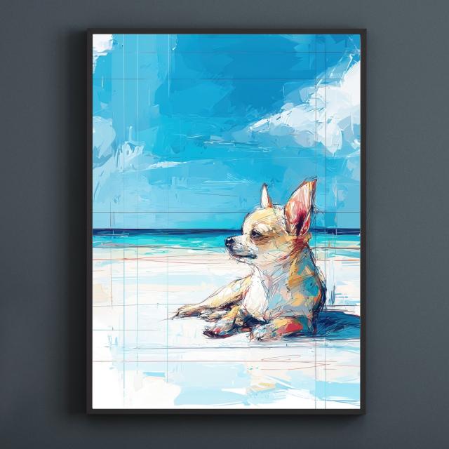 チワワ犬とビーチのスケッチ No.1】海・浜辺・犬の絵・犬のイラスト