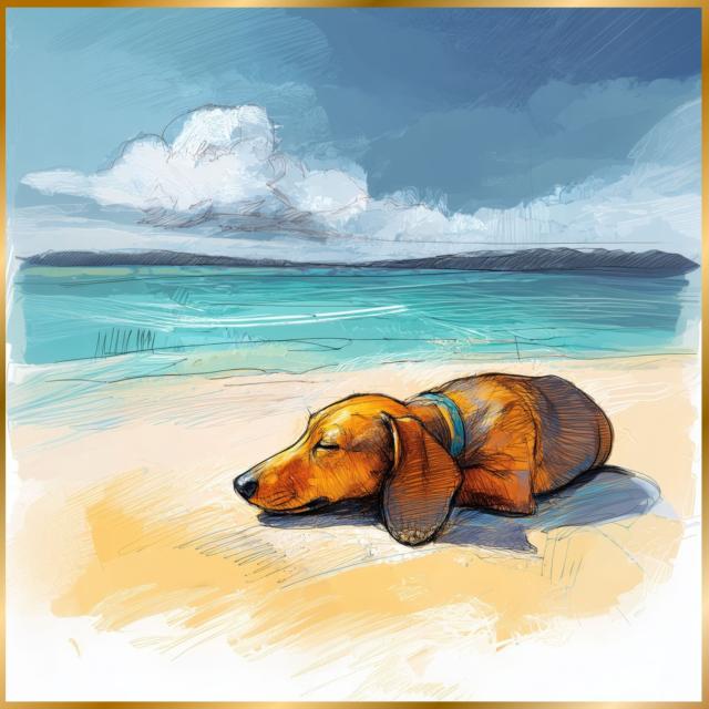 【ダックスフンド犬とビーチのスケッチ No.1】海・浜辺・犬の絵・犬のイラスト・おしゃれ・ミニマリスト・ミニマリズム・シンプル・インテリアアート・ペットロス・うちの子・記念日・アートポスター・ギフト・プレゼント