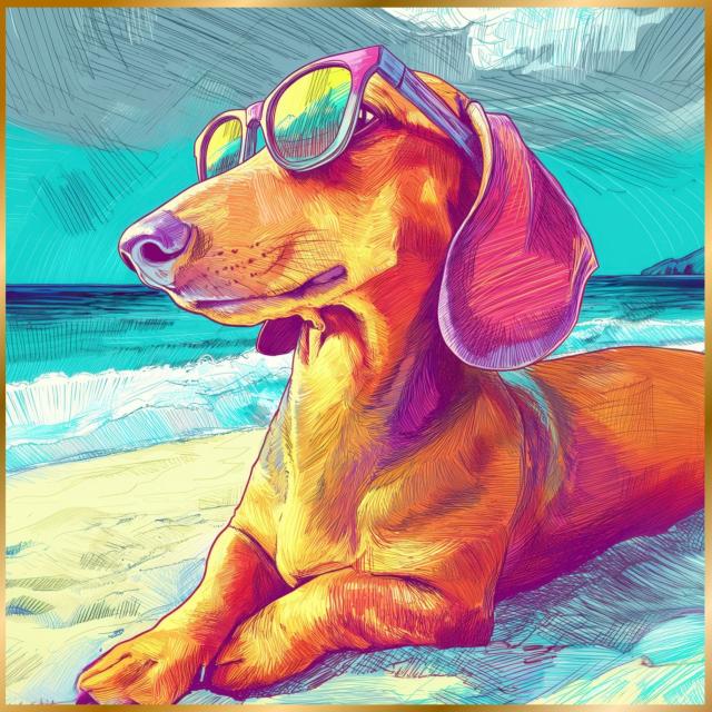【ダックスフンド犬とビーチのスケッチ No.3】海・浜辺・犬の絵・犬のイラスト・おしゃれ・ミニマリスト・ミニマリズム・シンプル・インテリアアート・ペットロス・うちの子・記念日・アートポスター・ギフト・プレゼント
