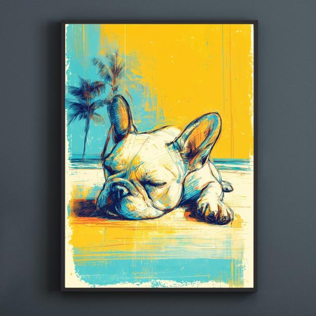 【フレブル・フレンチブルドッグ犬とビーチのスケッチ No.3】海・浜辺・犬の絵・犬のイラスト・おしゃれ・ミニマリスト・ミニマリズム・シンプル・インテリアアート・ペットロス・うちの子・記念日・アートポスター・ギフト・プレゼント_1