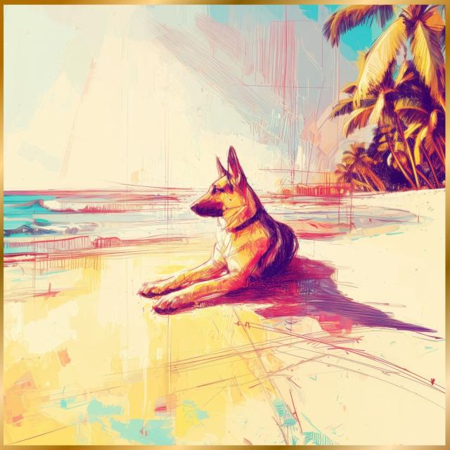 ジャーマンシェパード犬とビーチのスケッチ No.1】海・浜辺・犬の絵