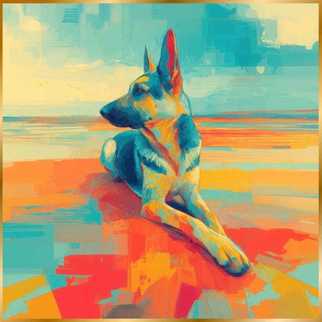 【ジャーマンシェパード犬とビーチのスケッチ No.2】海・浜辺・犬の絵・犬のイラスト・おしゃれ・ミニマリスト・ミニマリズム・シンプル・インテリアアート・ペットロス・うちの子・記念日・アートポスター・ギフト・プレゼント