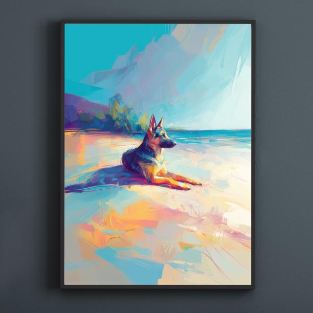 ジャーマンシェパード犬とビーチのスケッチ No.3】海・浜辺・犬の絵