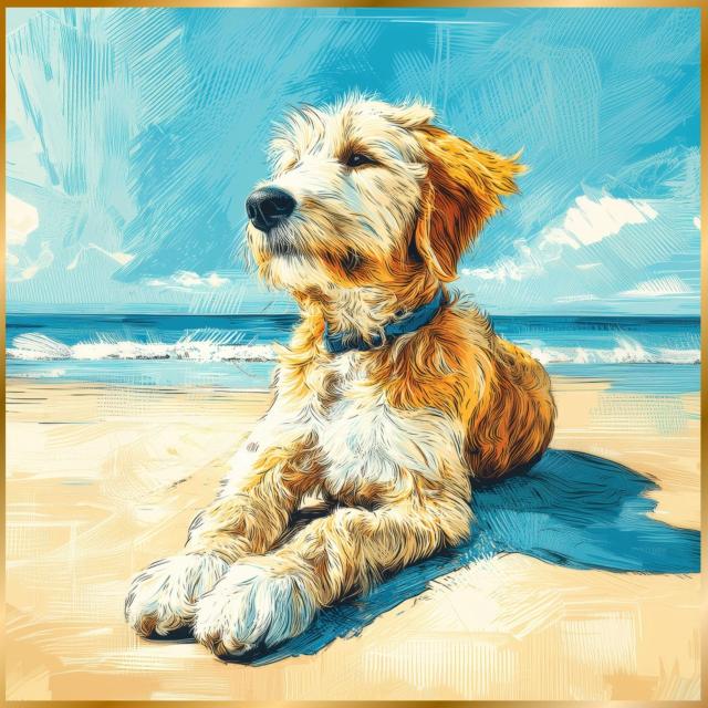 【ゴールデンドゥードル犬とビーチのスケッチ No.2】海・浜辺・犬の絵・犬のイラスト・おしゃれ・ミニマリスト・ミニマリズム・シンプル・インテリアアート・ペットロス・うちの子・記念日・アートポスター・ギフト・プレゼント