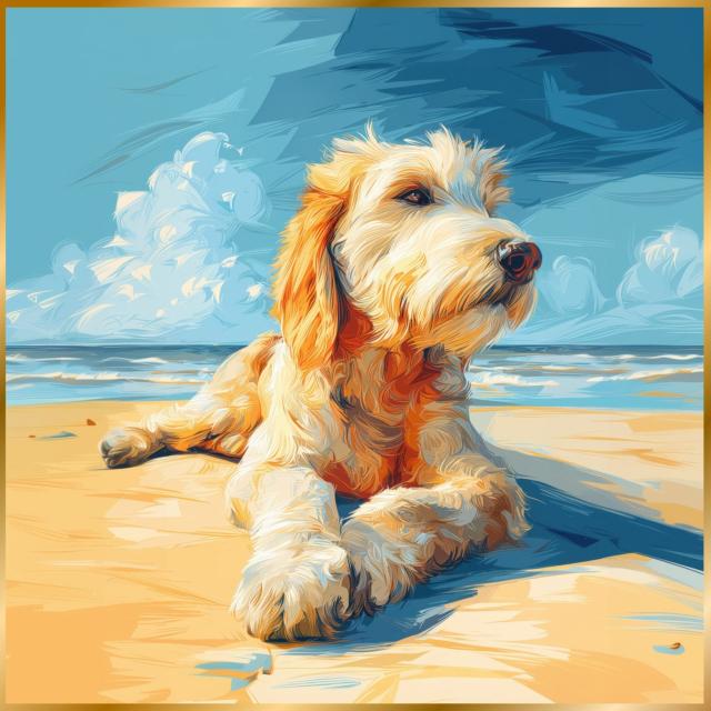 【ゴールデンドゥードル犬とビーチのスケッチ No.3】海・浜辺・犬の絵・犬のイラスト・おしゃれ・ミニマリスト・ミニマリズム・シンプル・インテリアアート・ペットロス・うちの子・記念日・アートポスター・ギフト・プレゼント
