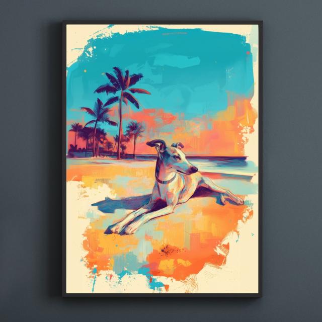 【イタグレ・イタリアングレーハウンド犬とビーチのスケッチ No.2】海・浜辺・犬の絵・犬のイラスト・おしゃれ・ミニマリスト・ミニマリズム・シンプル・インテリアアート・ペットロス・うちの子・記念日・アートポスター・ギフト・プレゼント_1