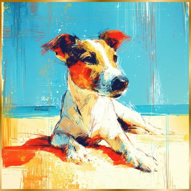 【ジャックラッセルテリア犬とビーチのスケッチ No.1】海・浜辺・犬の絵・犬のイラスト・おしゃれ・ミニマリスト・ミニマリズム・シンプル・インテリアアート・ペットロス・うちの子・記念日・アートポスター・ギフト・プレゼント