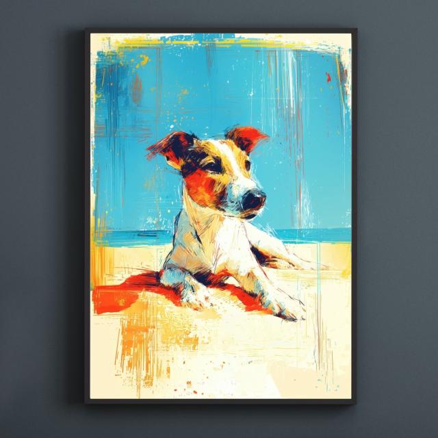 【ジャックラッセルテリア犬とビーチのスケッチ No.1】海・浜辺・犬の絵・犬のイラスト・おしゃれ・ミニマリスト・ミニマリズム・シンプル・インテリアアート・ペットロス・うちの子・記念日・アートポスター・ギフト・プレゼント_1