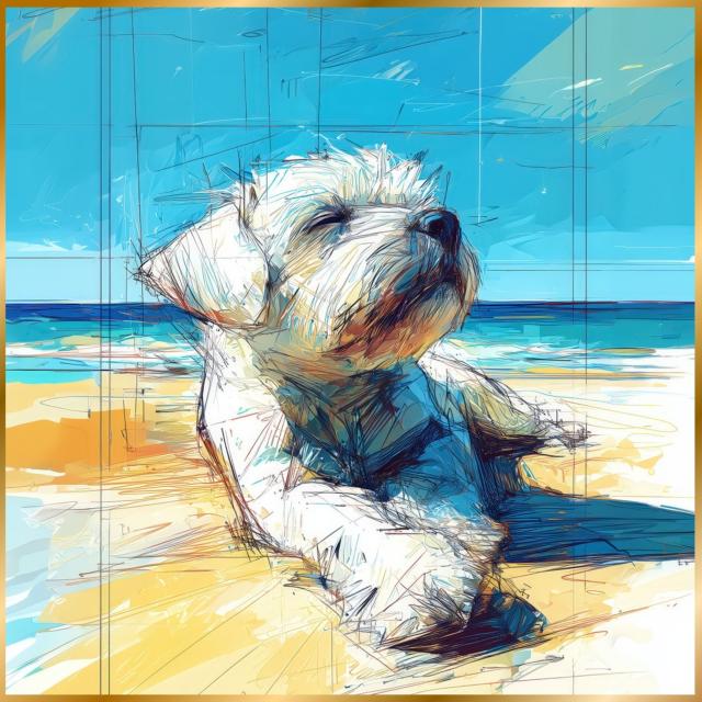 【マルチーズ犬とビーチのスケッチ No.2】海・浜辺・犬の絵・犬のイラスト・おしゃれ・ミニマリスト・ミニマリズム・シンプル・インテリアアート・ペットロス・うちの子・記念日・アートポスター・ギフト・プレゼント