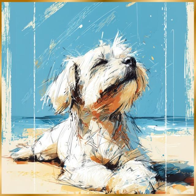 【マルチーズ犬とビーチのスケッチ No.3】海・浜辺・犬の絵・犬のイラスト・おしゃれ・ミニマリスト・ミニマリズム・シンプル・インテリアアート・ペットロス・うちの子・記念日・アートポスター・ギフト・プレゼント