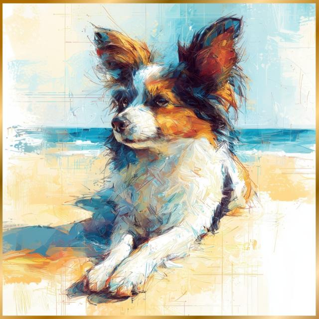 【パピオン犬とビーチのスケッチ No.1】海・浜辺・犬の絵・犬のイラスト・おしゃれ・ミニマリスト・ミニマリズム・シンプル・インテリアアート・ペットロス・うちの子・記念日・アートポスター・ギフト・プレゼント