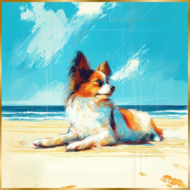 【パピオン犬とビーチのスケッチ No.3】海・浜辺・犬の絵・犬のイラスト・おしゃれ・ミニマリスト・ミニマリズム・シンプル・インテリアアート・ペットロス・うちの子・記念日・アートポスター・ギフト・プレゼント