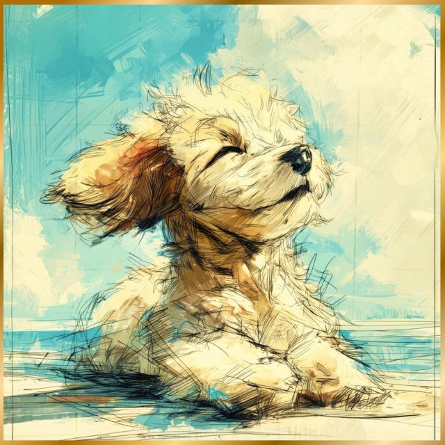 【トイプードル犬とビーチのスケッチ No.3】海・浜辺・犬の絵・犬のイラスト・おしゃれ・ミニマリスト・ミニマリズム・シンプル・インテリアアート・ペットロス・うちの子・記念日・アートポスター・ギフト・プレゼント