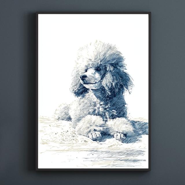 【トイプードル犬とビーチのスケッチ No.6】海・浜辺・犬の絵・犬のイラスト・おしゃれ・ミニマリスト・ミニマリズム・シンプル・インテリアアート・ペットロス・うちの子・記念日・アートポスター・ギフト・プレゼント_1