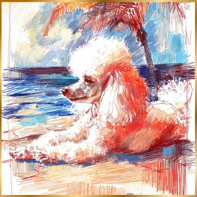 【トイプードル犬とビーチのスケッチ No.7】海・浜辺・犬の絵・犬のイラスト・おしゃれ・ミニマリスト・ミニマリズム・シンプル・インテリアアート・ペットロス・うちの子・記念日・アートポスター・ギフト・プレゼント