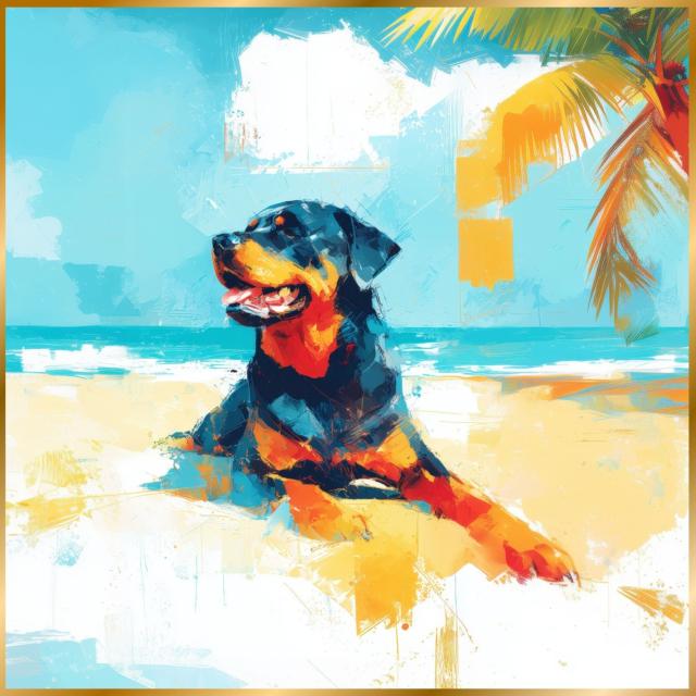 【ロットワイラー犬とビーチのスケッチ No.1】海・浜辺・犬の絵・犬のイラスト・おしゃれ・ミニマリスト・ミニマリズム・シンプル・インテリアアート・ペットロス・うちの子・記念日・アートポスター・ギフト・プレゼント