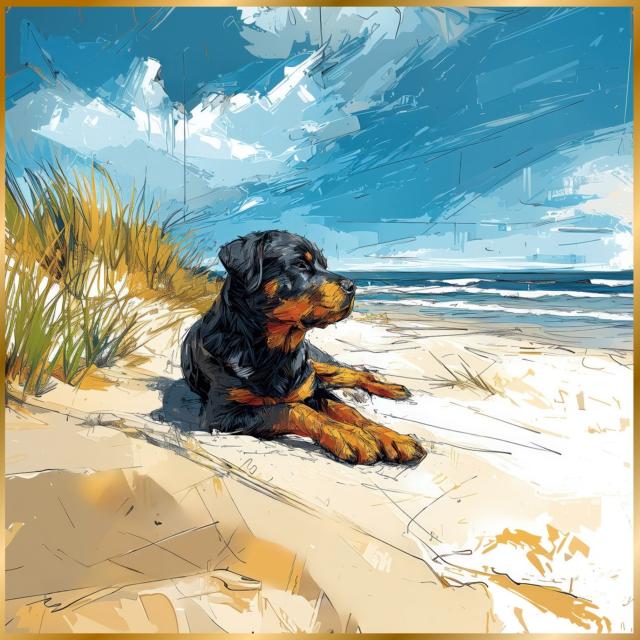 【ロットワイラー犬とビーチのスケッチ No.2】海・浜辺・犬の絵・犬のイラスト・おしゃれ・ミニマリスト・ミニマリズム・シンプル・インテリアアート・ペットロス・うちの子・記念日・アートポスター・ギフト・プレゼント
