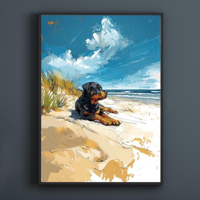 【ロットワイラー犬とビーチのスケッチ No.2】海・浜辺・犬の絵・犬のイラスト・おしゃれ・ミニマリスト・ミニマリズム・シンプル・インテリアアート・ペットロス・うちの子・記念日・アートポスター・ギフト・プレゼント_1