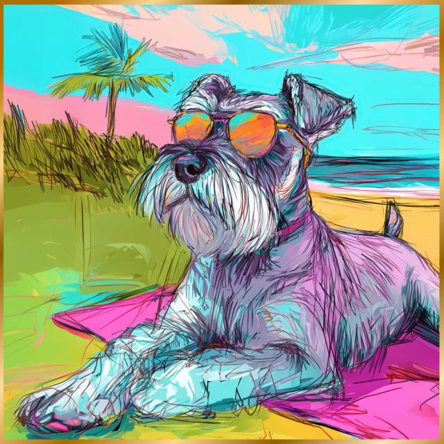 【シュナウザー犬とビーチのスケッチ No.3】海・浜辺・犬の絵・犬のイラスト・おしゃれ・ミニマリスト・ミニマリズム・シンプル・インテリアアート・ペットロス・うちの子・記念日・アートポスター・ギフト・プレゼント