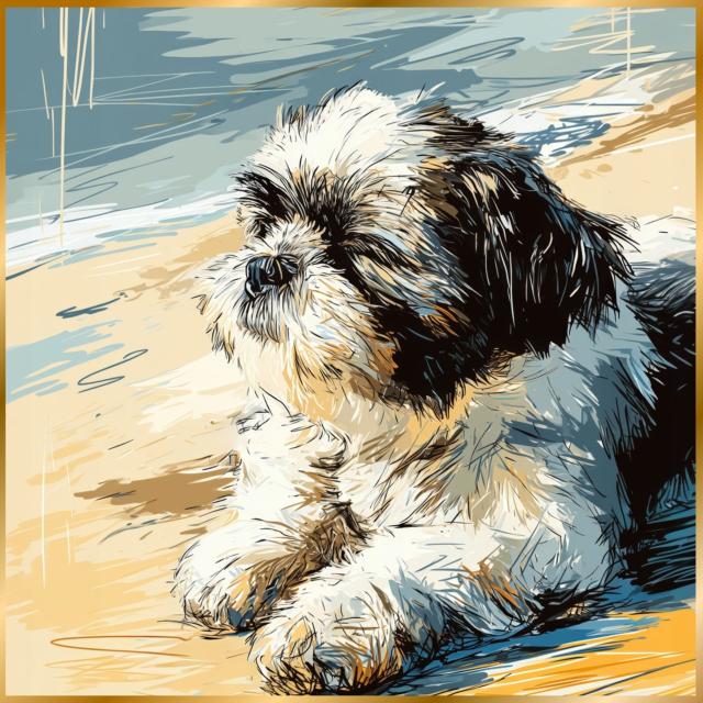 【シーズー犬とビーチのスケッチ No.2】海・浜辺・犬の絵・犬のイラスト・おしゃれ・ミニマリスト・ミニマリズム・シンプル・インテリアアート・ペットロス・うちの子・記念日・アートポスター・ギフト・プレゼント