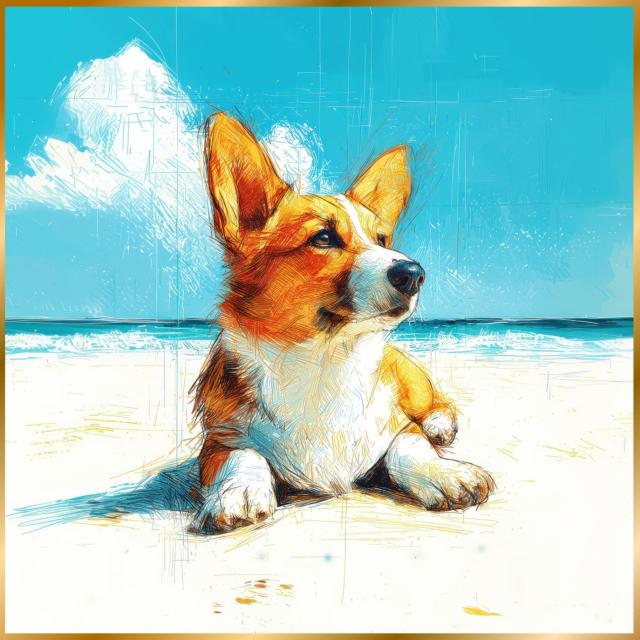 【ウェルシュ・コーギー犬とビーチのスケッチ No.3】海・浜辺・犬の絵・犬のイラスト・おしゃれ・ミニマリスト・ミニマリズム・シンプル・インテリアアート・ペットロス・うちの子・記念日・アートポスター・ギフト・プレゼント