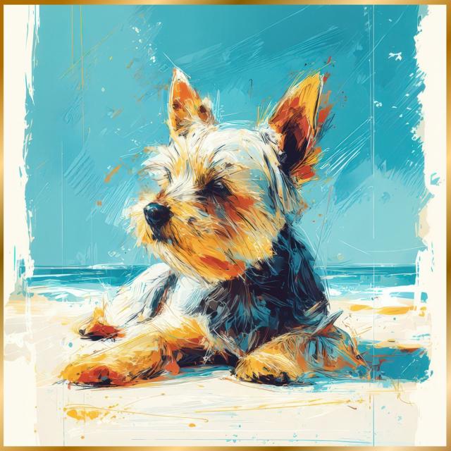 【ヨーキー・ヨークシャーテリア犬とビーチのスケッチ No.1】海・浜辺・犬の絵・犬のイラスト・おしゃれ・ミニマリスト・ミニマリズム・シンプル・インテリアアート・ペットロス・うちの子・記念日・アートポスター・ギフト・プレゼント