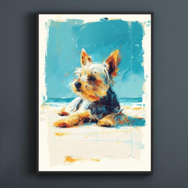 【ヨーキー・ヨークシャーテリア犬とビーチのスケッチ No.1】海・浜辺・犬の絵・犬のイラスト・おしゃれ・ミニマリスト・ミニマリズム・シンプル・インテリアアート・ペットロス・うちの子・記念日・アートポスター・ギフト・プレゼント