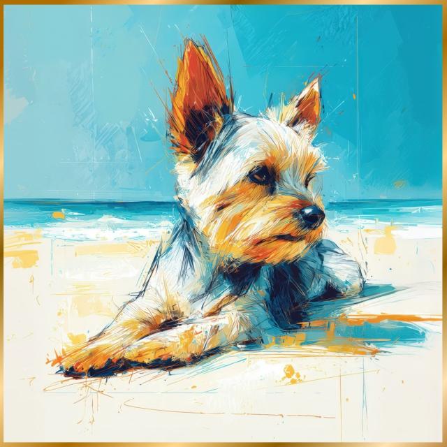 【ヨーキー・ヨークシャーテリア犬とビーチのスケッチ No.3】海・浜辺・犬の絵・犬のイラスト・おしゃれ・ミニマリスト・ミニマリズム・シンプル・インテリアアート・ペットロス・うちの子・記念日・アートポスター・ギフト・プレゼント