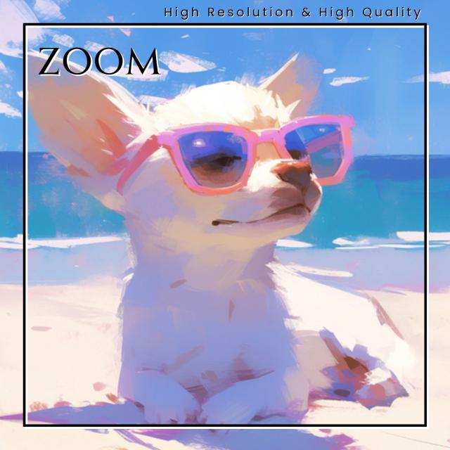 【貝犬戯舞 - チワワ犬 No.2】子犬・ビーチ・浜辺・青空・夏・海・うちの子記念日・ペットロス・アートポスター・犬の絵・犬のイラスト