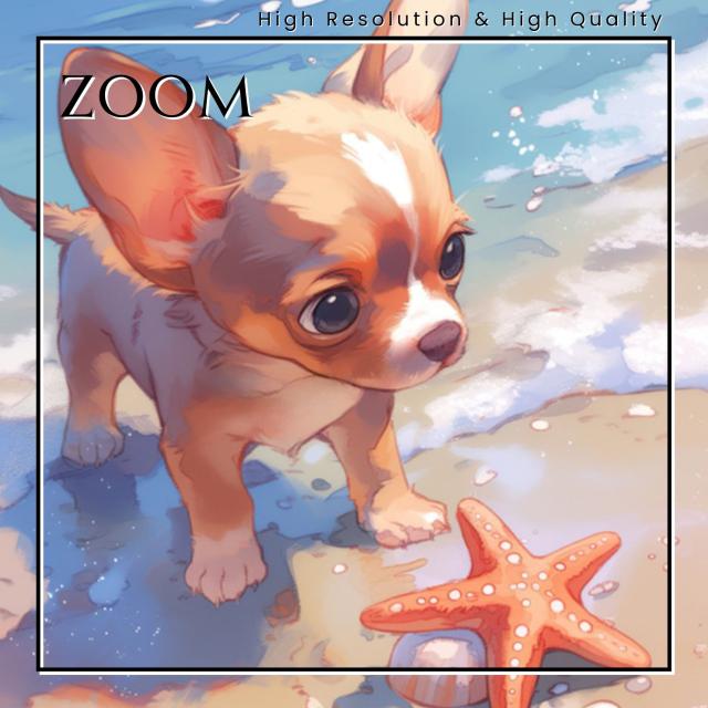 【貝犬戯舞 - チワワ犬 No.3】子犬・ビーチ・浜辺・青空・夏・海・うちの子記念日・ペットロス・アートポスター・犬の絵・犬のイラスト