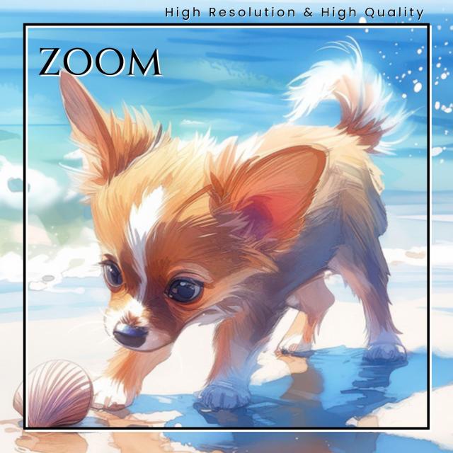 【貝犬戯舞 - チワワ犬 No.4】子犬・ビーチ・浜辺・青空・夏・海・うちの子記念日・ペットロス・アートポスター・犬の絵・犬のイラスト