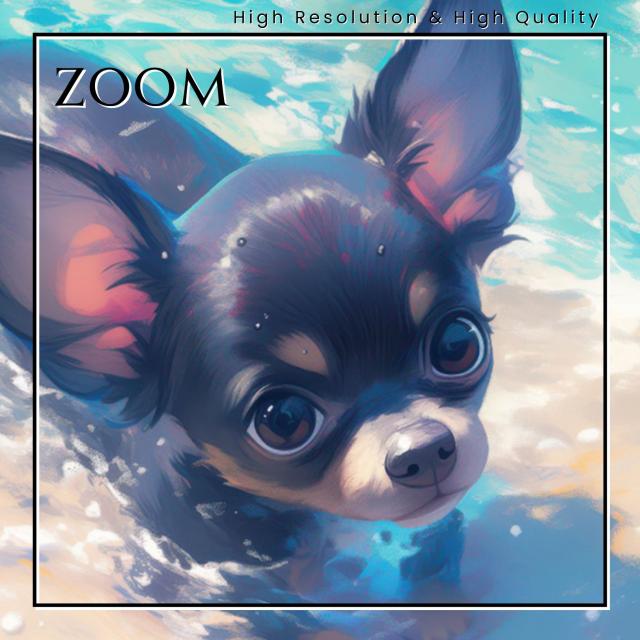 【貝犬戯舞 - ブラックタン・チワワ犬 No.6】子犬・ビーチ・浜辺・青空・夏・海・うちの子記念日・ペットロス・アートポスター・犬の絵・犬のイラスト