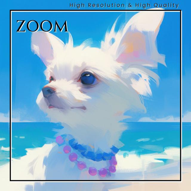 【貝犬戯舞 - チワマル犬 No.3】子犬・ビーチ・浜辺・青空・夏・海・うちの子記念日・ペットロス・アートポスター・犬の絵・犬のイラスト