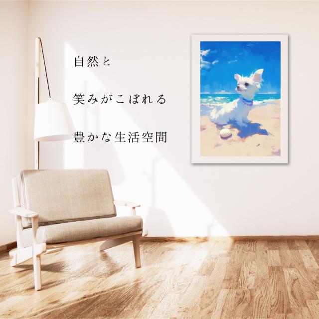 【貝犬戯舞 - チワマル犬 No.3】子犬・ビーチ・浜辺・青空・夏・海・うちの子記念日・ペットロス・アートポスター・犬の絵・犬のイラスト_4